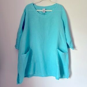 Match Point Aqua Linen Oversized Lagenlook Top Pockets Spring Summer Coastal